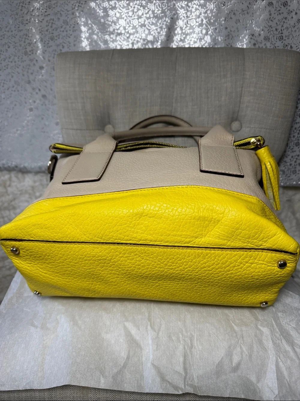 kate spade Cream and Yellow Leather Shoulder Bag with Tassel
